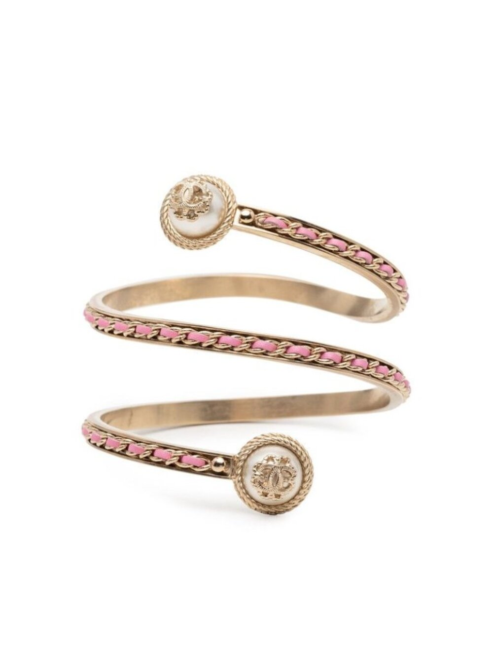 Chanel CC Logo Chain Bangle S Silver Pink Brass Leather Faux Pearl Bracelet
